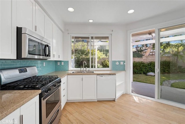 kitchen with white cabinets, sink, appliances with stainless steel finishes, tasteful backsplash, and light hardwood / wood-style floors