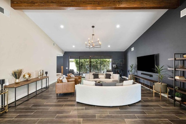 living room featuring beam ceiling, dark hardwood / wood-style floors, and a notable chandelier