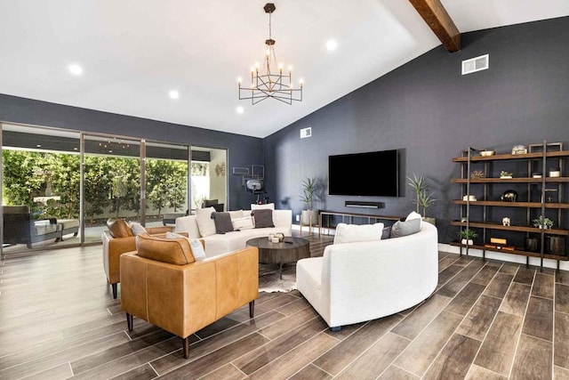 living room with a notable chandelier, dark hardwood / wood-style floors, beam ceiling, and high vaulted ceiling