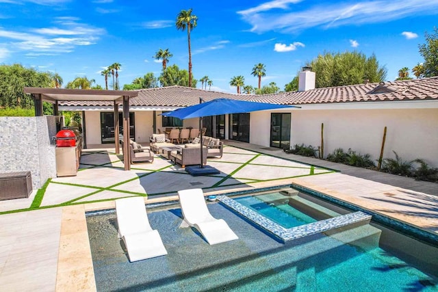 back of house featuring outdoor lounge area, a pool with hot tub, a patio area, and a pergola