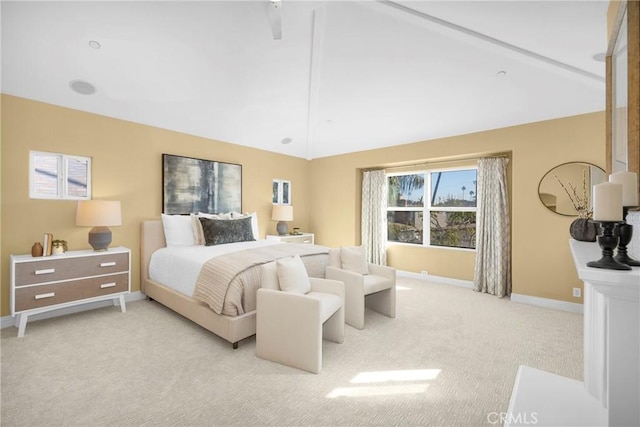 carpeted bedroom featuring vaulted ceiling with beams