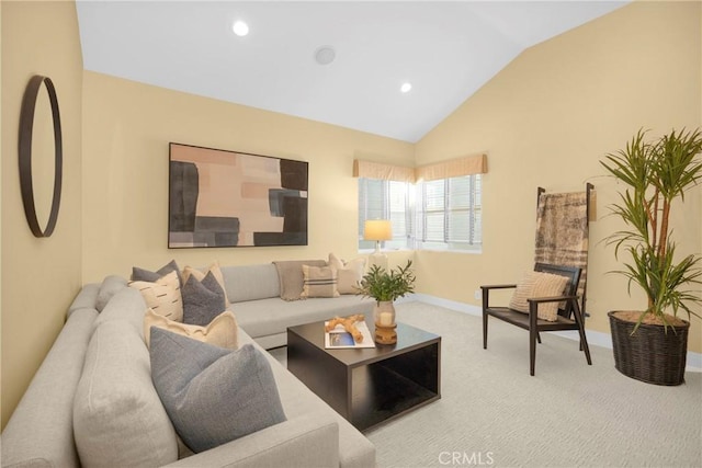 carpeted living room with lofted ceiling