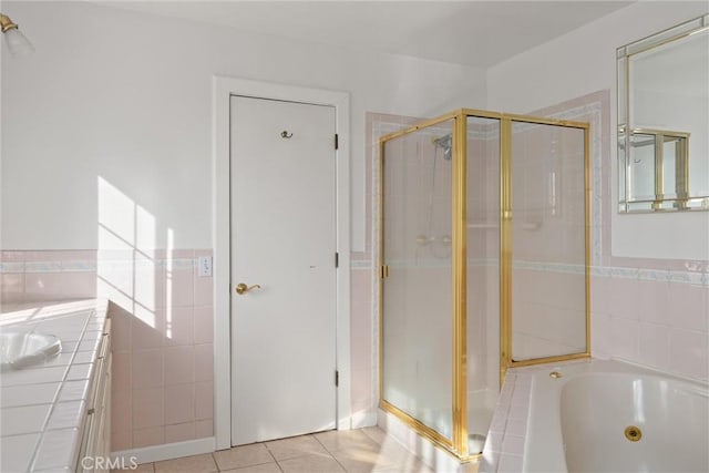 bathroom with vanity, separate shower and tub, and tile patterned floors