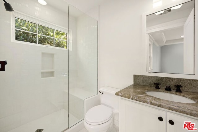 bathroom with a tile shower, vanity, and toilet