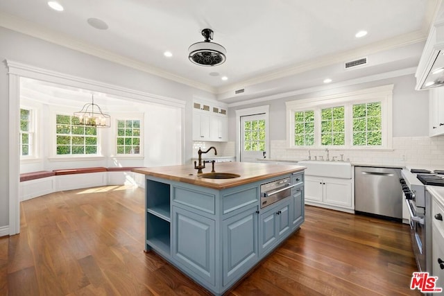 kitchen featuring stainless steel dishwasher, a wealth of natural light, sink, a center island with sink, and white cabinets