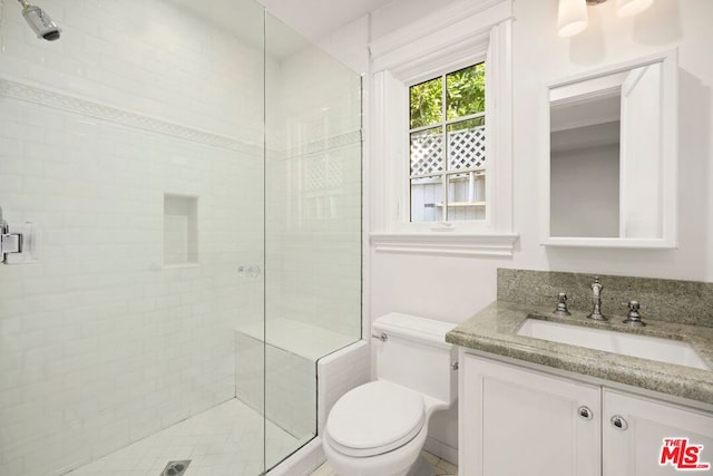 bathroom featuring vanity, a shower with shower door, and toilet