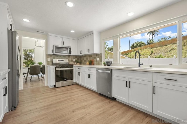 kitchen featuring white cabinets, appliances with stainless steel finishes, light hardwood / wood-style floors, and sink