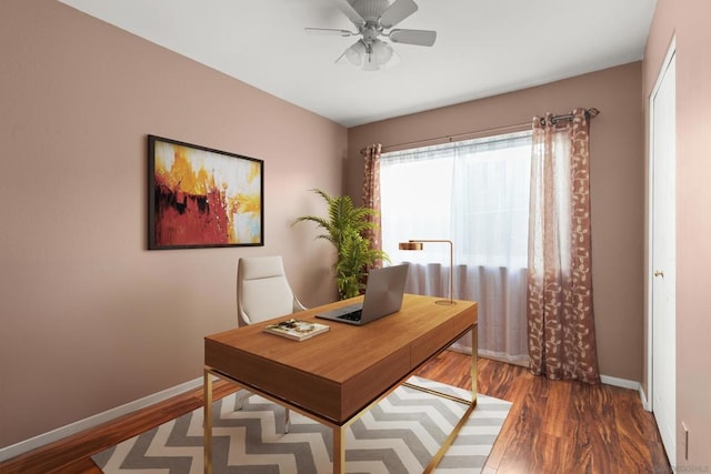 office featuring ceiling fan and hardwood / wood-style flooring