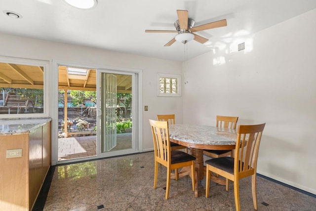 dining room featuring ceiling fan and a wealth of natural light