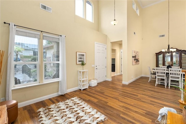 foyer featuring wood-type flooring, a wealth of natural light, and a high ceiling