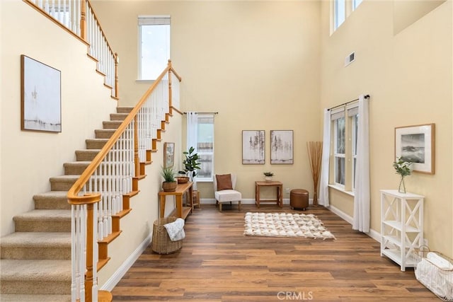 interior space featuring dark hardwood / wood-style floors and a high ceiling