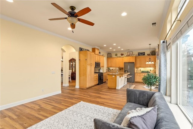 living room featuring ceiling fan, ornamental molding, light hardwood / wood-style floors, and sink