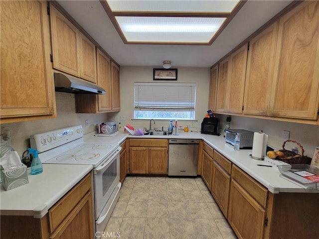 kitchen with dishwasher, light tile patterned floors, electric range, and sink