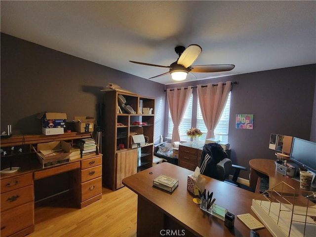 office area with light hardwood / wood-style flooring and ceiling fan