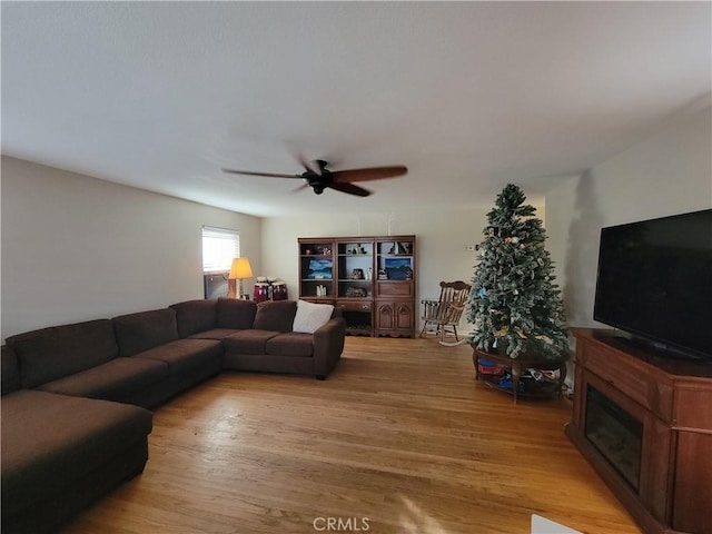 living room with ceiling fan and hardwood / wood-style flooring