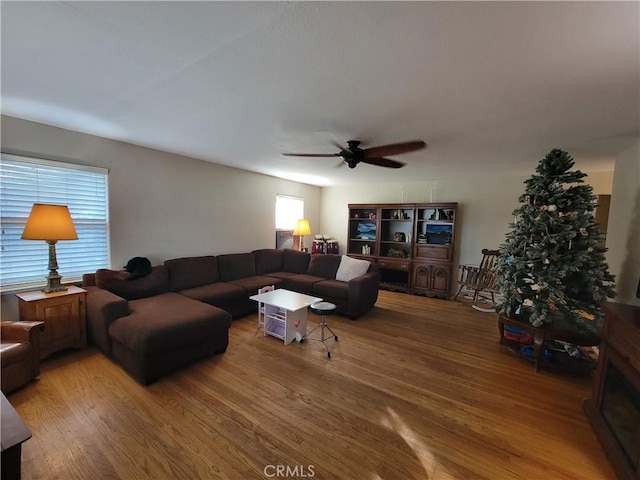 living room featuring ceiling fan and hardwood / wood-style floors