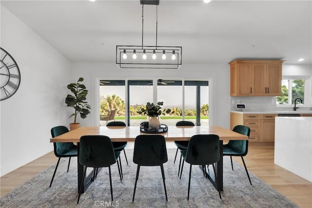 dining area with light wood-type flooring and sink