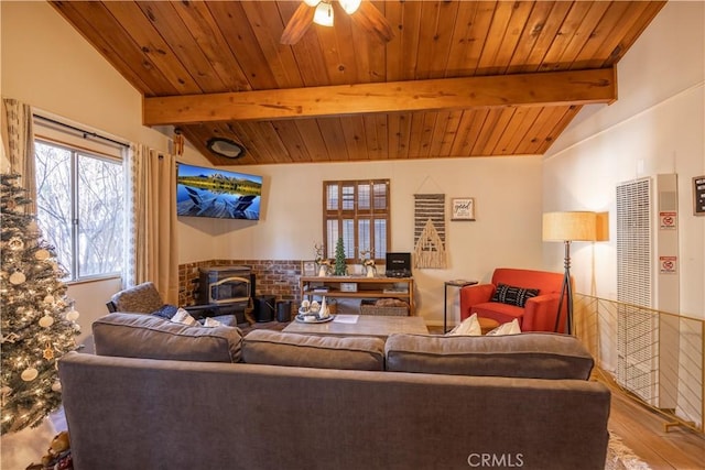 living room with lofted ceiling with beams, wood-type flooring, a wood stove, and wooden ceiling