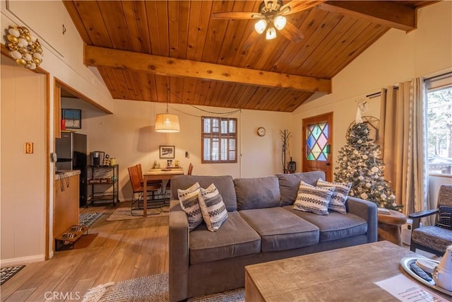 living room with hardwood / wood-style floors, lofted ceiling with beams, ceiling fan, and wood ceiling