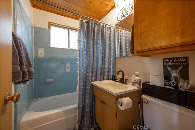 full bathroom featuring vanity, toilet, wooden ceiling, and shower / tub combo with curtain