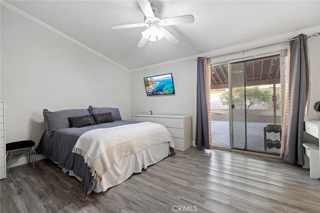 bedroom featuring access to outside, crown molding, ceiling fan, and hardwood / wood-style flooring