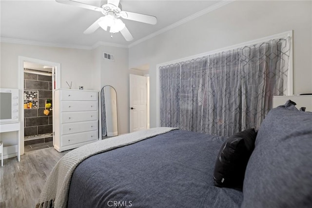 bedroom with connected bathroom, ceiling fan, crown molding, and light hardwood / wood-style floors