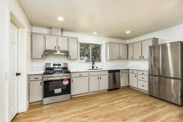 kitchen with gray cabinetry, sink, stainless steel appliances, and light wood-type flooring