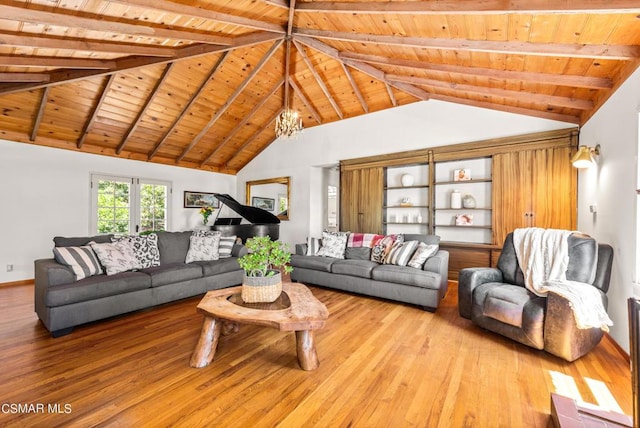 living room with beamed ceiling, hardwood / wood-style floors, a chandelier, and wood ceiling