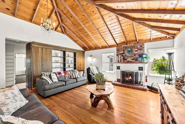 living room featuring a healthy amount of sunlight, light hardwood / wood-style floors, wooden ceiling, and beam ceiling