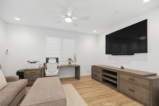 office area featuring ceiling fan and light hardwood / wood-style floors