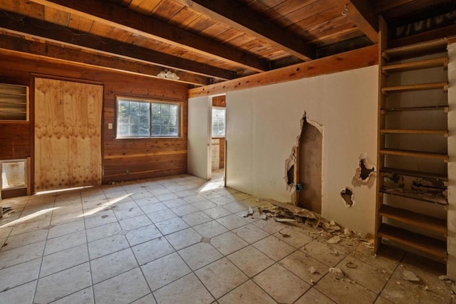 miscellaneous room with beamed ceiling, light tile patterned floors, wooden ceiling, and wood walls