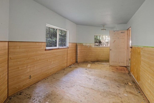 unfurnished room featuring wood walls and a wealth of natural light