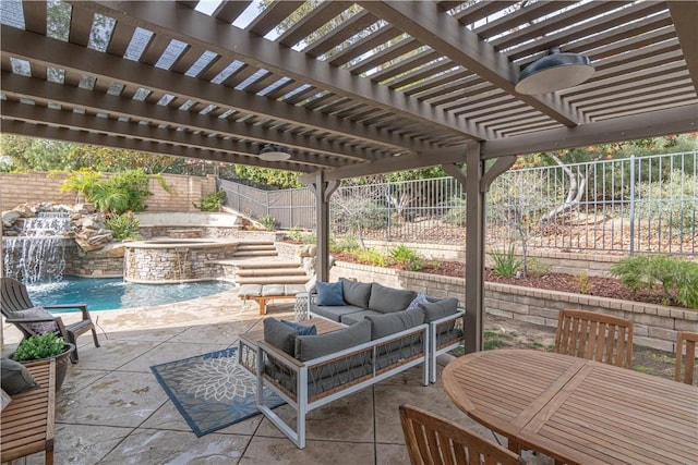 view of patio / terrace featuring a pergola, pool water feature, an outdoor living space, and a pool with hot tub