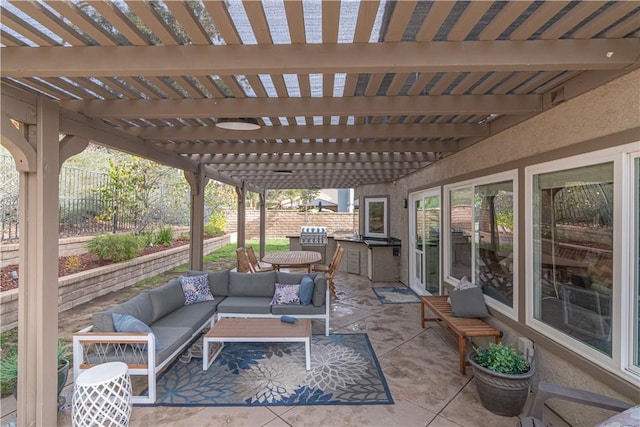 view of patio featuring outdoor lounge area and a pergola