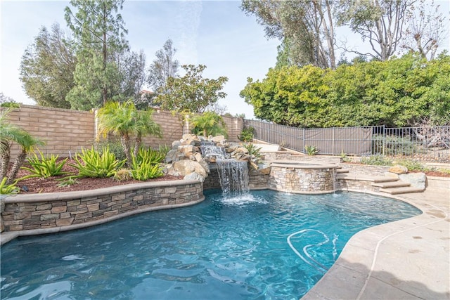 view of pool with pool water feature