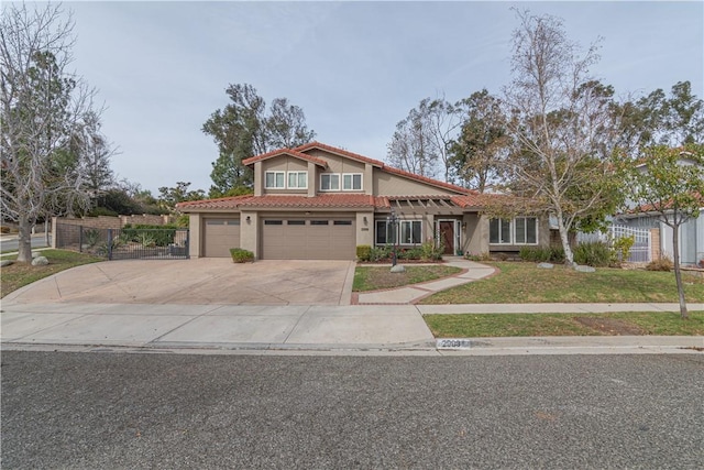 mediterranean / spanish-style home featuring a front yard and a garage