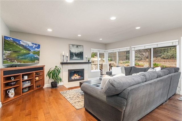 living room featuring a fireplace, wood-type flooring, and a wealth of natural light