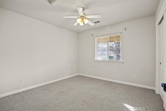 unfurnished bedroom with visible vents, a ceiling fan, a closet, carpet, and baseboards
