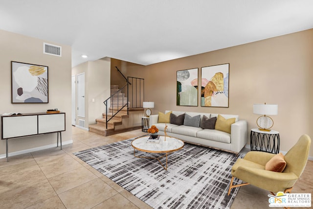 living room featuring light tile patterned floors