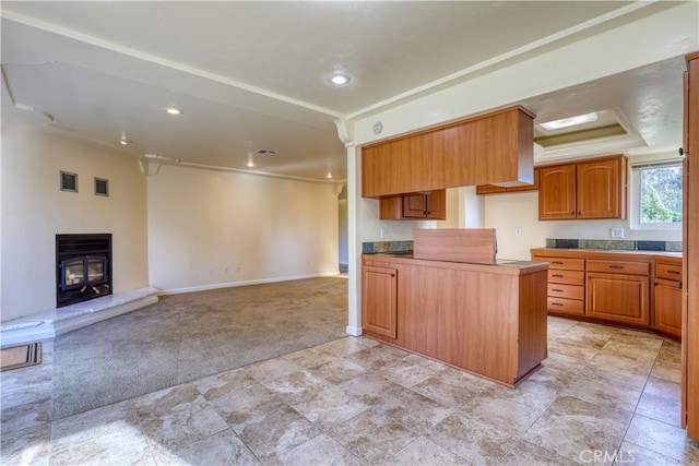 kitchen with a tray ceiling, a wood stove, light carpet, and ornamental molding