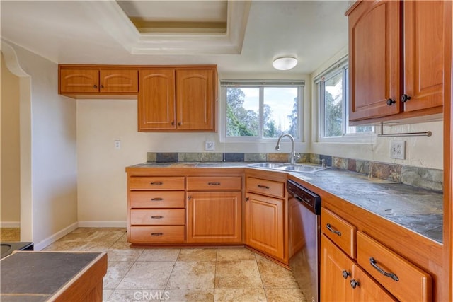 kitchen featuring stainless steel dishwasher, sink, and a tray ceiling