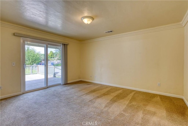 carpeted spare room featuring ornamental molding