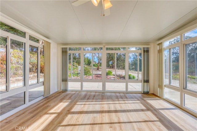 unfurnished sunroom featuring a wealth of natural light and ceiling fan