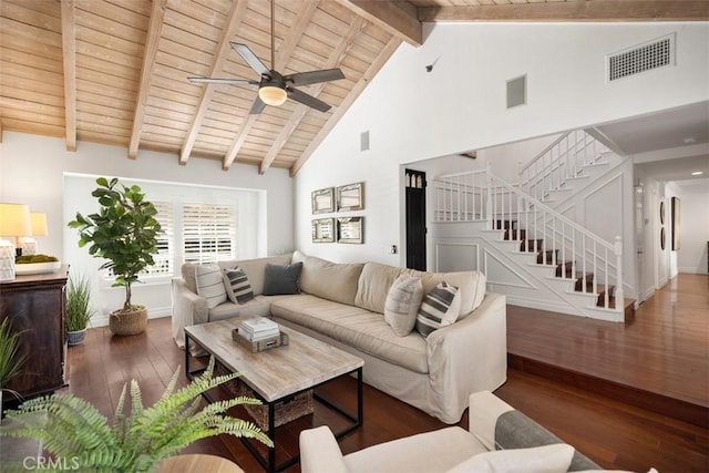 living room featuring beamed ceiling, dark hardwood / wood-style flooring, wooden ceiling, and high vaulted ceiling