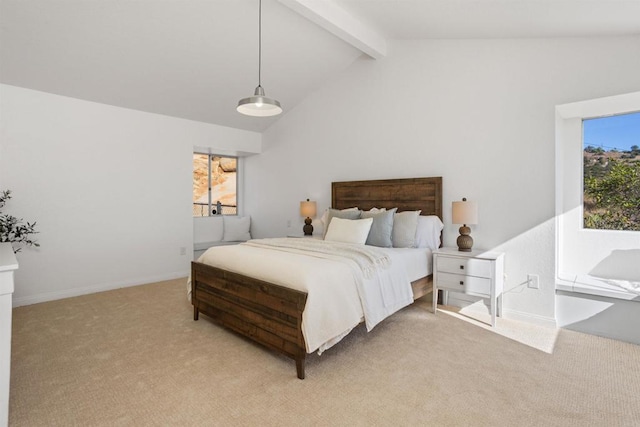 bedroom with high vaulted ceiling, light carpet, and beam ceiling