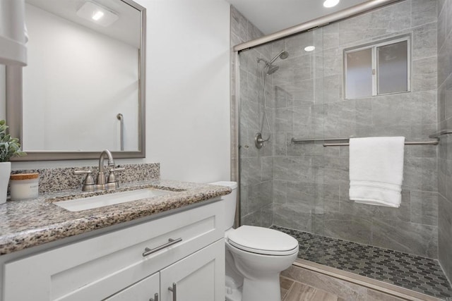 bathroom with a shower with door, toilet, and vanity