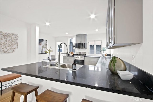 kitchen featuring kitchen peninsula, appliances with stainless steel finishes, gray cabinetry, sink, and hardwood / wood-style floors