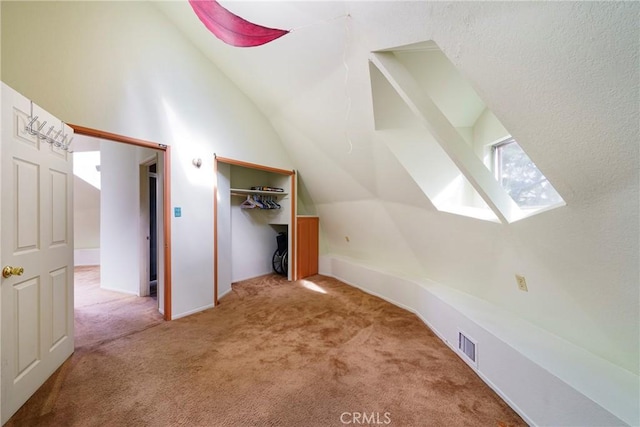 additional living space with carpet floors and lofted ceiling with skylight