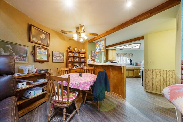 dining space featuring ceiling fan, beamed ceiling, and light hardwood / wood-style flooring