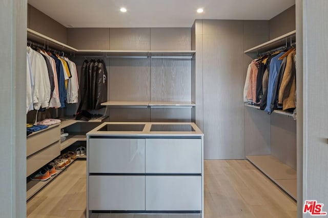 walk in closet with light hardwood / wood-style flooring